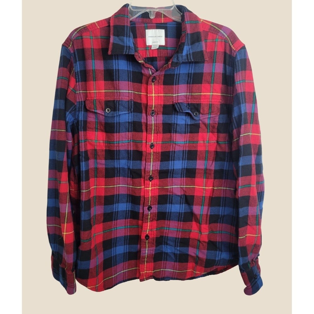 American Eagle Flannel Shirt Classic Fit Plaid Button Up Lumberjack Red Blue XL